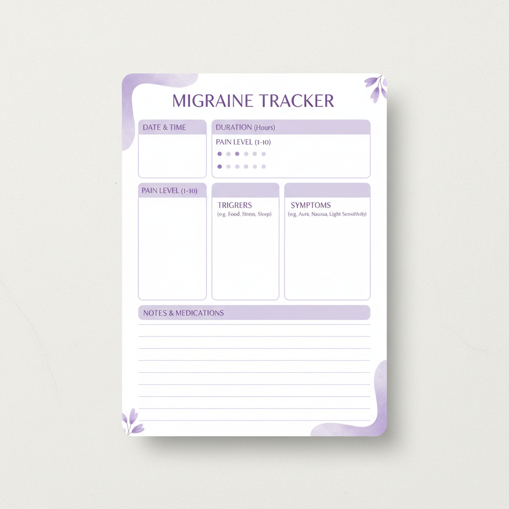 Printable migraine tracker PDF with sections for symptoms, triggers, and pain levels