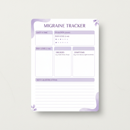 Printable migraine tracker PDF with sections for symptoms, triggers, and pain levels